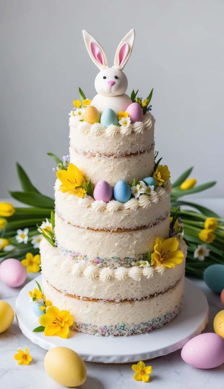 A chocolate and salted caramel cake adorned with bunny toppers surrounded by pastel-colored Easter eggs
