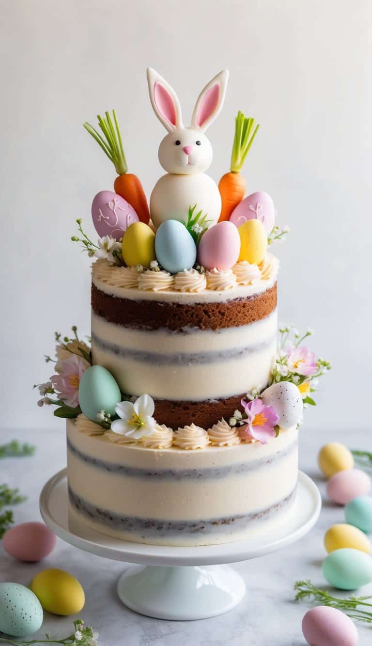 A classic carrot cake adorned with bunny-shaped toppers surrounded by pastel-colored Easter eggs and spring flowers