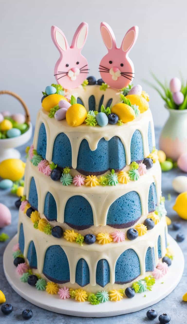 A vibrant blueberry lemon bundt cake with bunny-shaped toppers surrounded by colorful Easter decorations