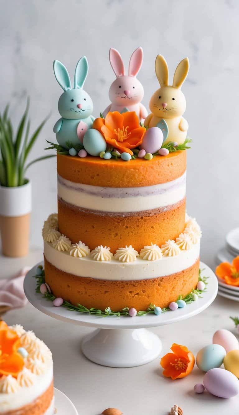 A vibrant orange almond blossom cake surrounded by pastel-colored Easter bunny toppers