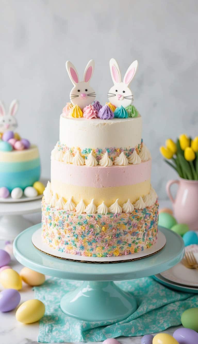 A colorful Funfetti Surprise Cake adorned with bunny toppers sits on a festive Easter table