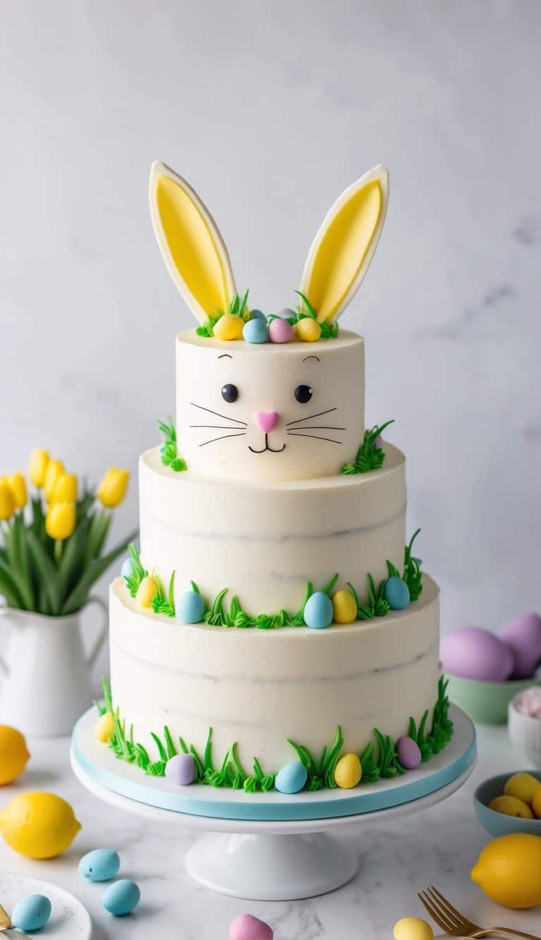 A lemon drizzle bunny cake with colorful Easter decorations and a festive bunny topper