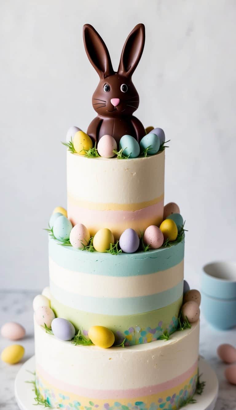 A festive Easter cake topped with a chocolate bunny surrounded by colorful pastel decorations and eggs