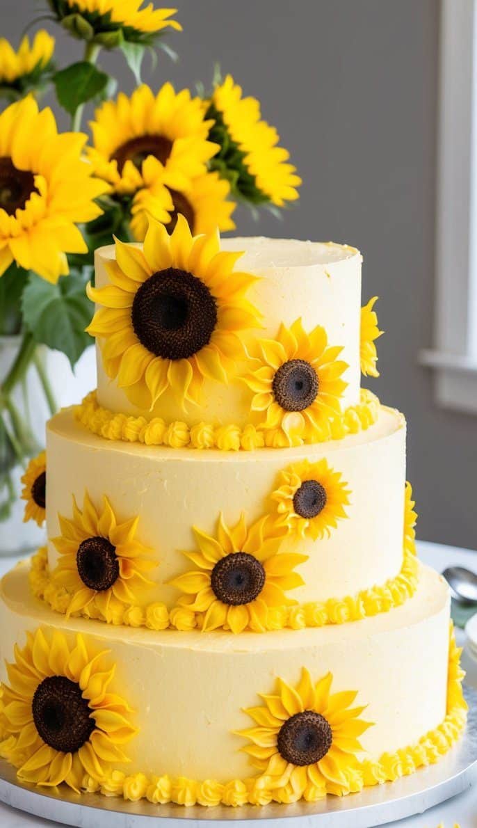 Three-tier cake adorned with bright yellow sunflower decorations against a soft gray background. A vase of sunflowers is visible in the background, and plates are set beside the cake.