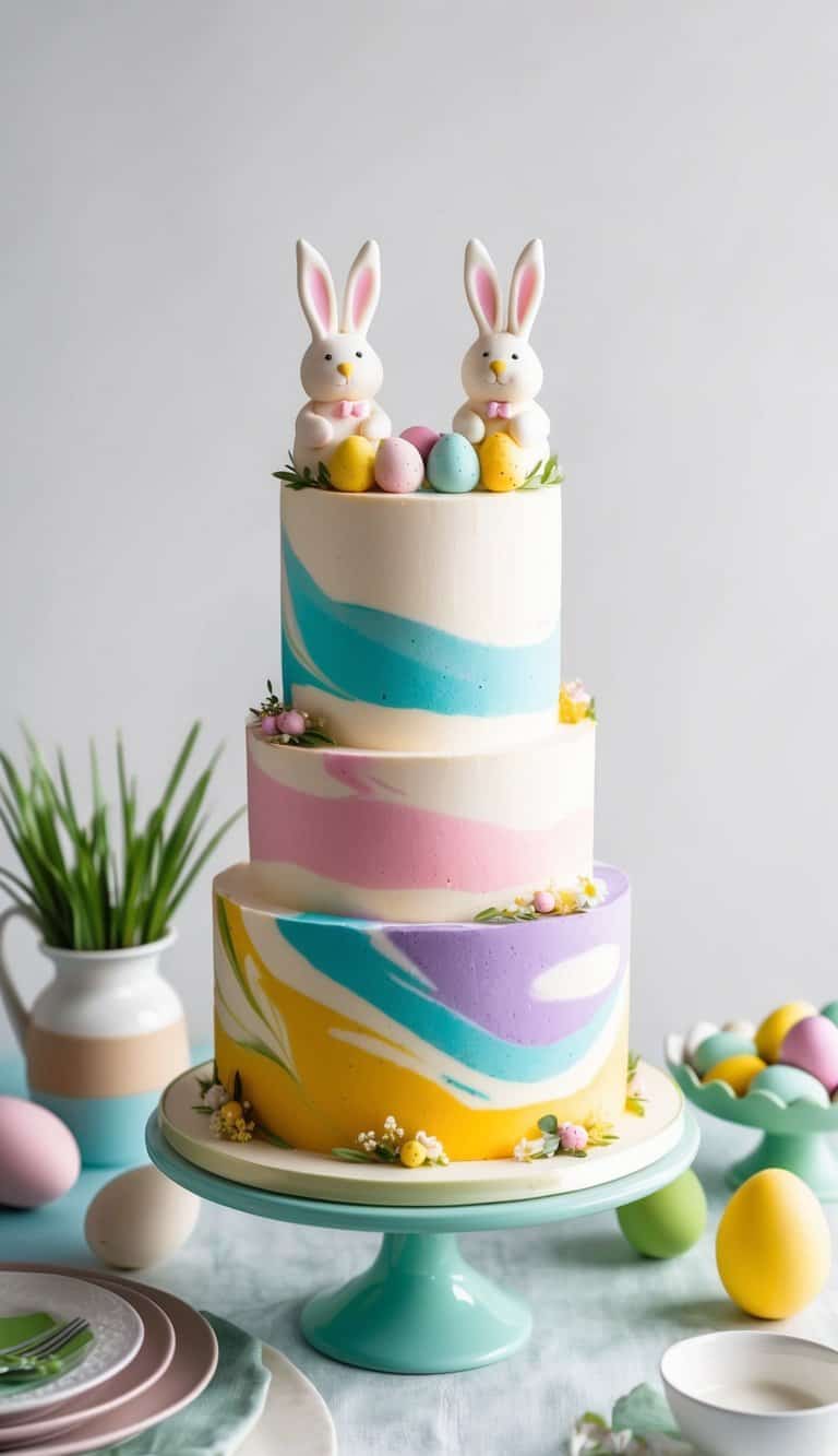 A colorful marmalade marble cake adorned with bunny toppers on a festive Easter table