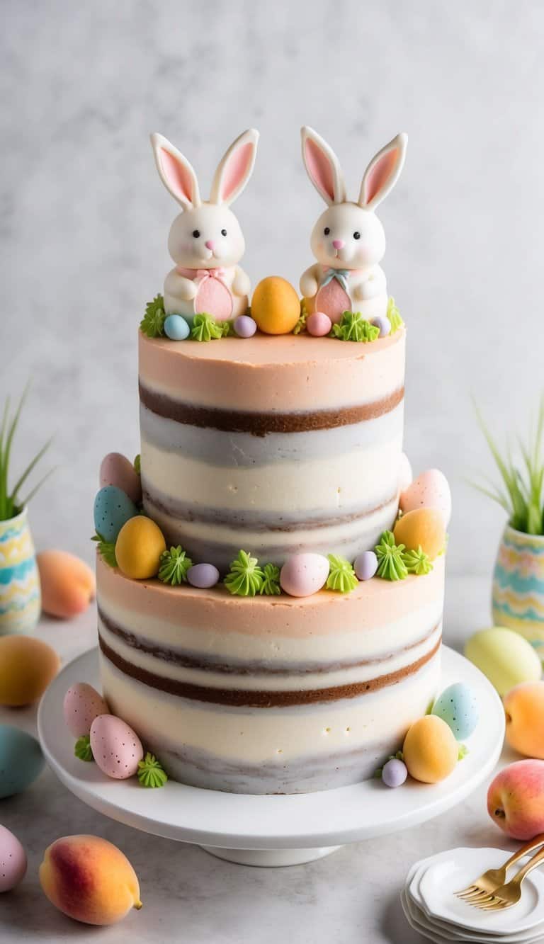 A peach bourbon cake adorned with bunny toppers surrounded by colorful Easter decorations