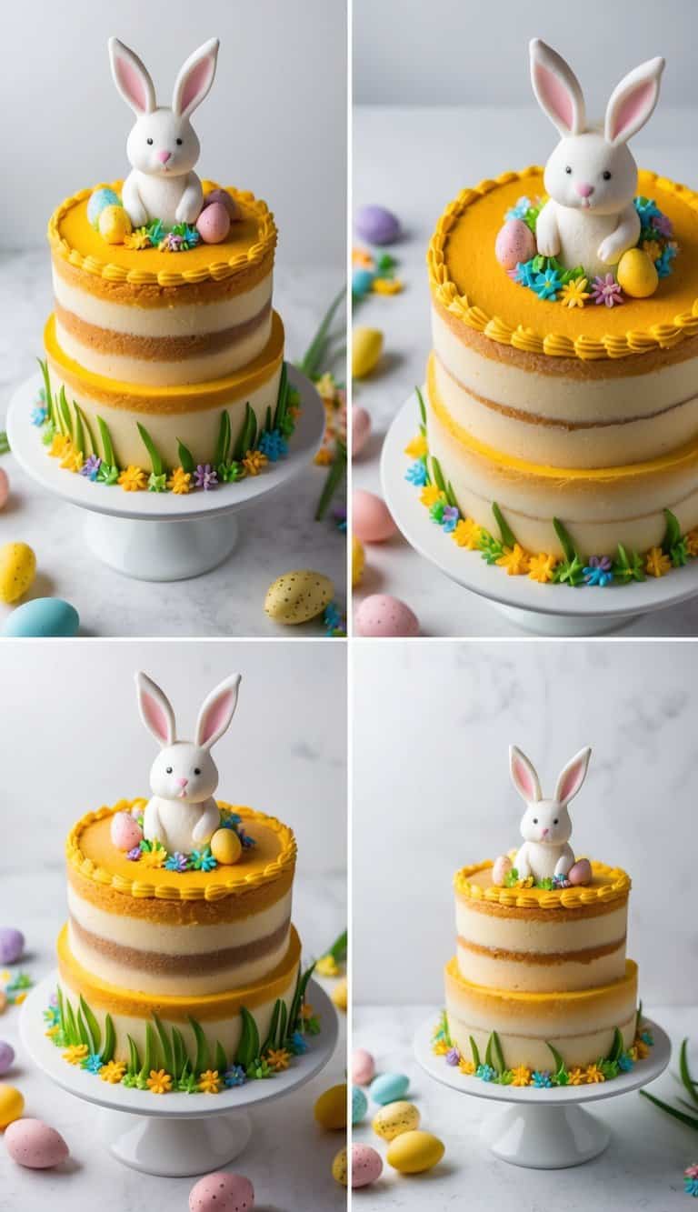 A turmeric coconut cake adorned with bunny toppers surrounded by colorful Easter decorations
