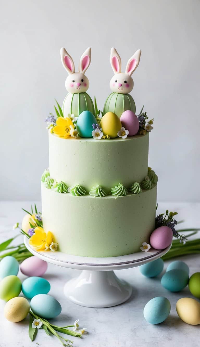 A pastel green matcha mousse cake adorned with bunny toppers surrounded by colorful Easter eggs and spring flowers