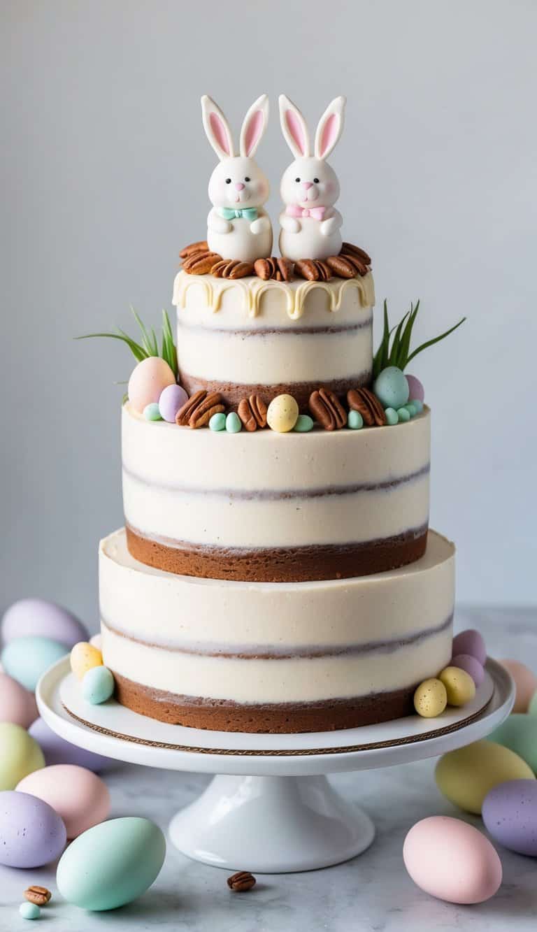 A decadent maple pecan layered cake topped with adorable bunny decorations surrounded by pastel-colored Easter eggs