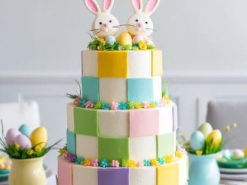 A three-tiered pastel cake features a checkered pattern of pink, blue, yellow, and green squares. It is topped with two bunny figures and decorative flowers. The cake is surrounded by pastel-colored plates and vases with eggs on a white table.