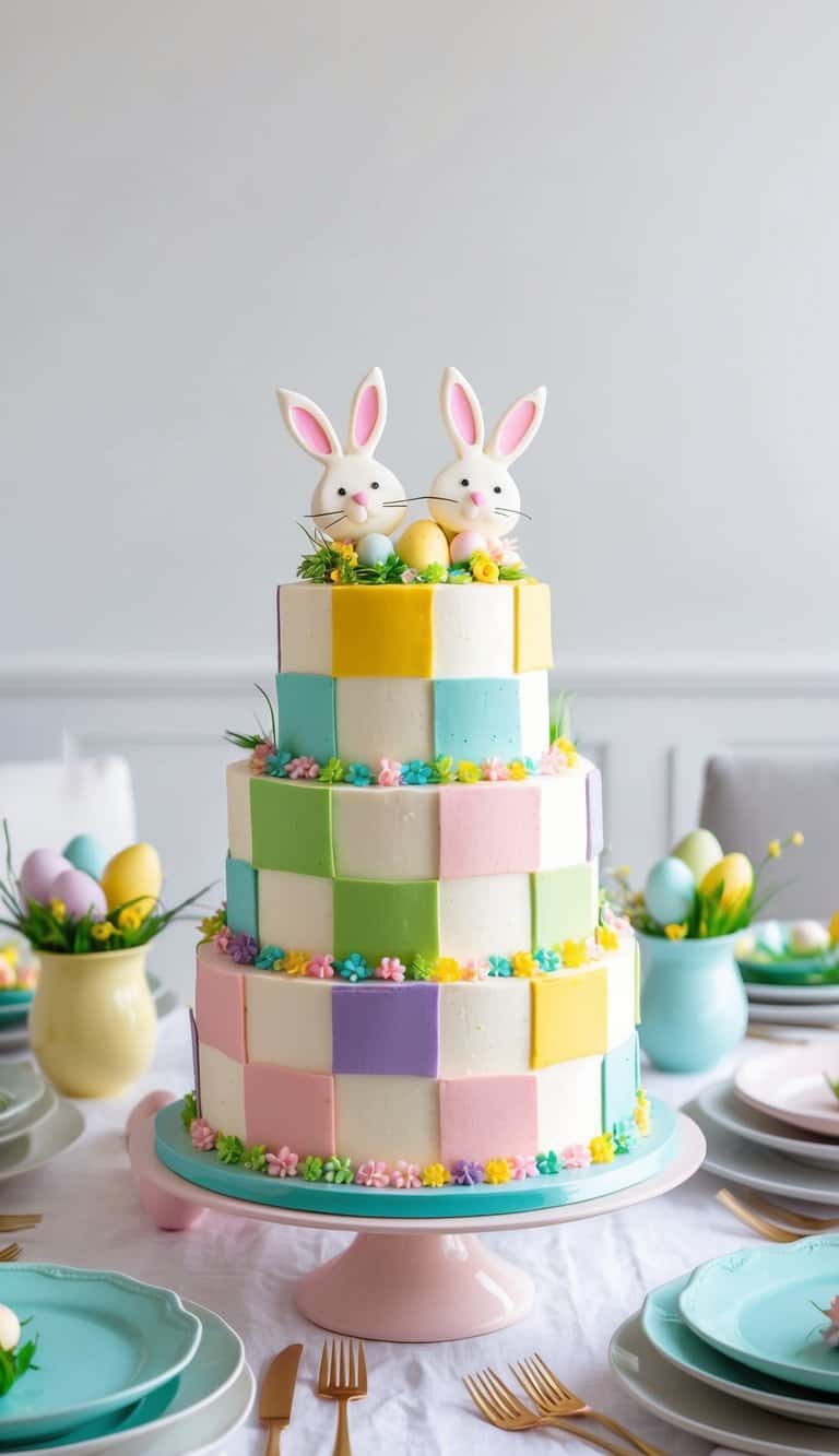 A colorful checkerboard cake with Irish cream frosting sits on a festive Easter table, adorned with bunny-shaped cake toppers and pastel decorations
