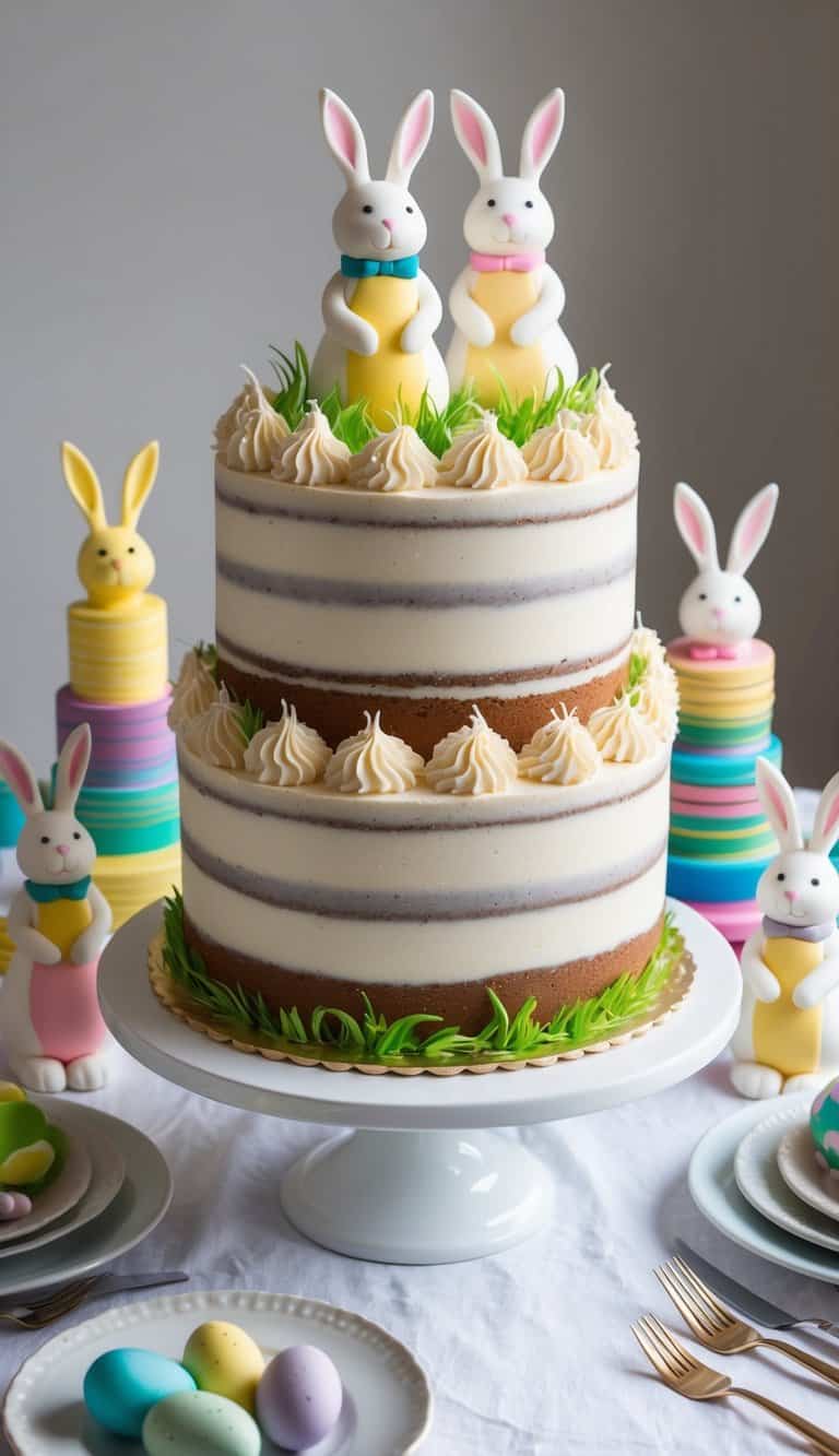 A table adorned with a Nutmeg Dream Cake surrounded by colorful Easter cake ideas, all topped with adorable bunny figurines made of sugar paste