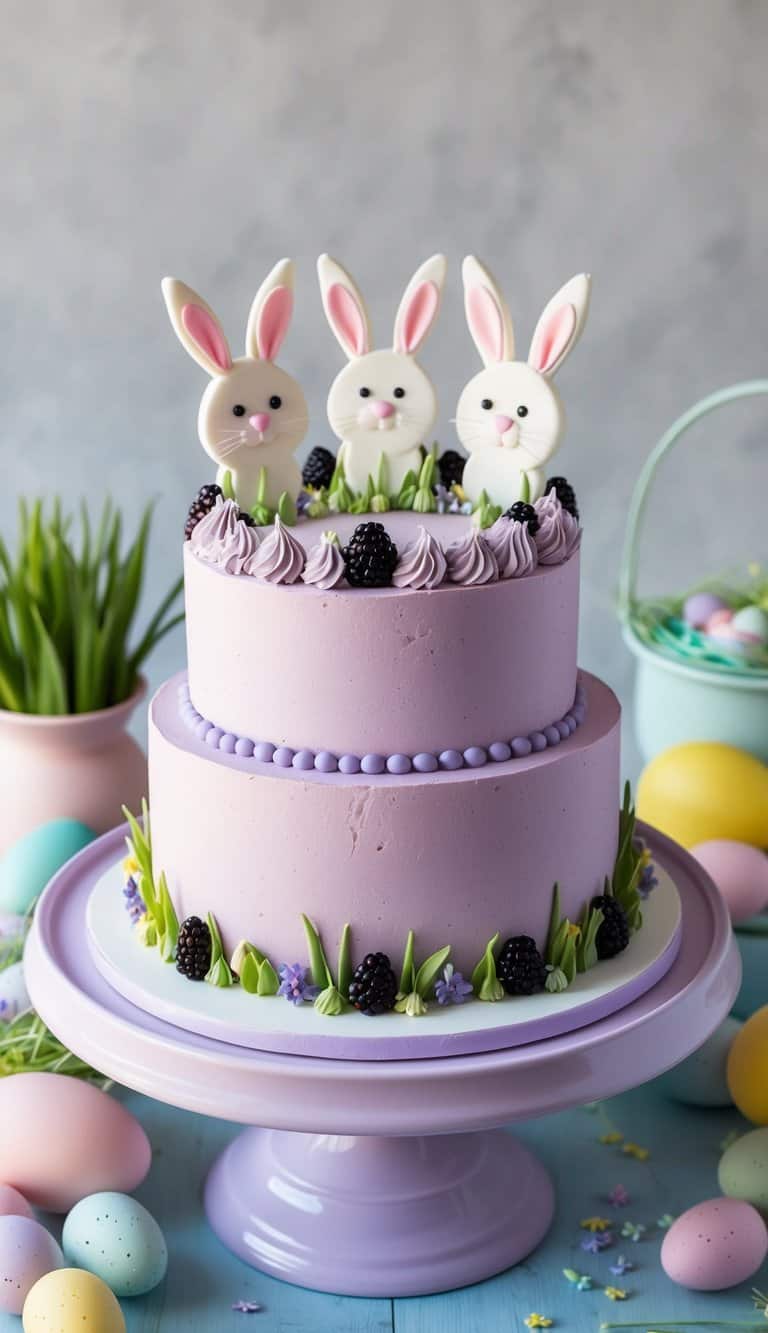 A blackberry lavender cake adorned with bunny toppers sits on a pastel-colored cake stand, surrounded by colorful Easter decorations
