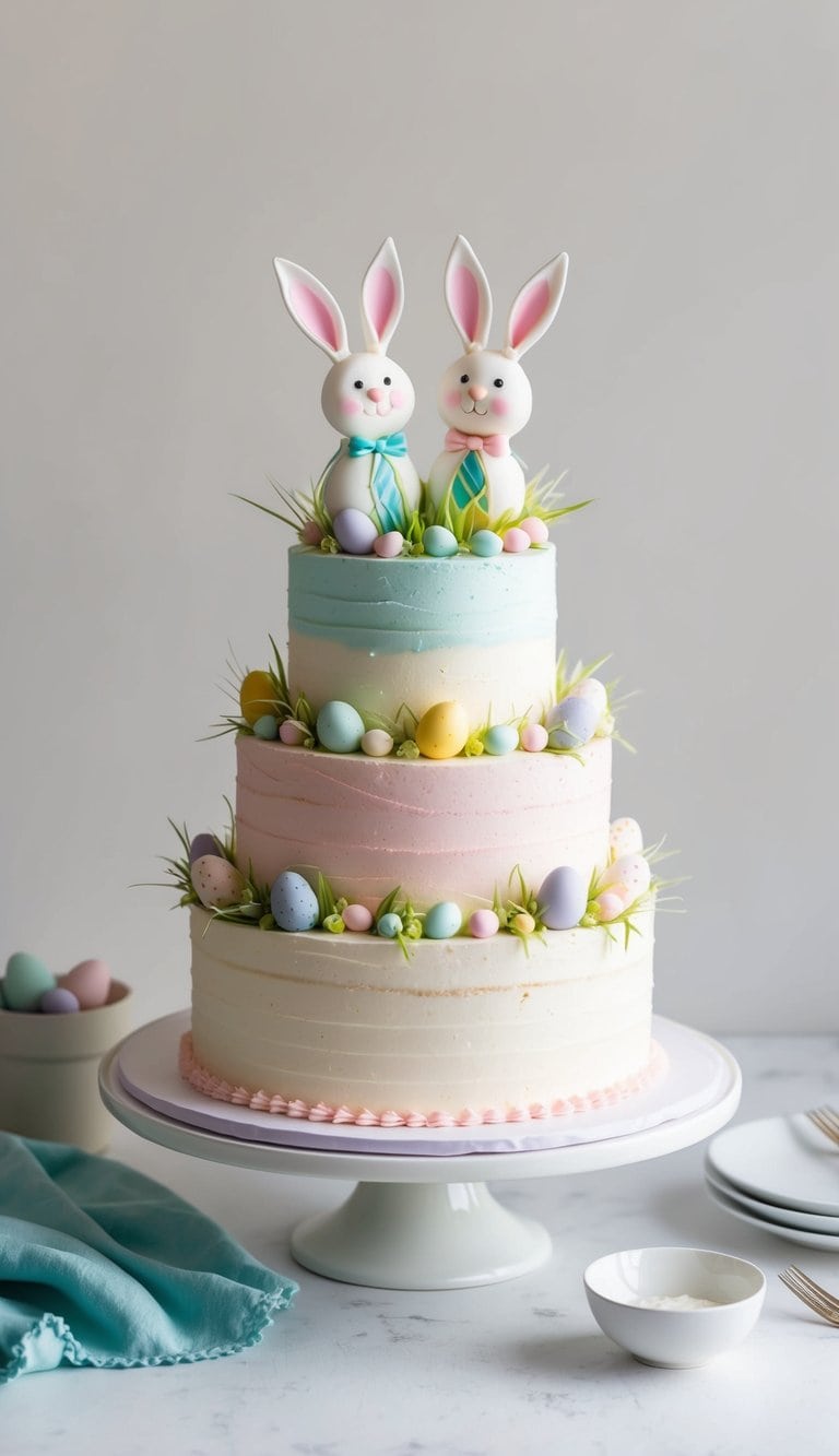 A festive Easter cake adorned with colorful bunny toppers and pastel decorations