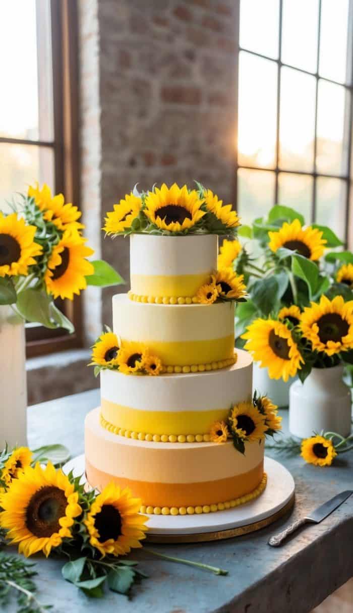 A three-tiered wedding cake with white and yellow gradient icing, adorned with vibrant sunflowers. The cake is on a rustic wooden table, surrounded by more sunflowers and greenery, next to large windows letting in natural light.