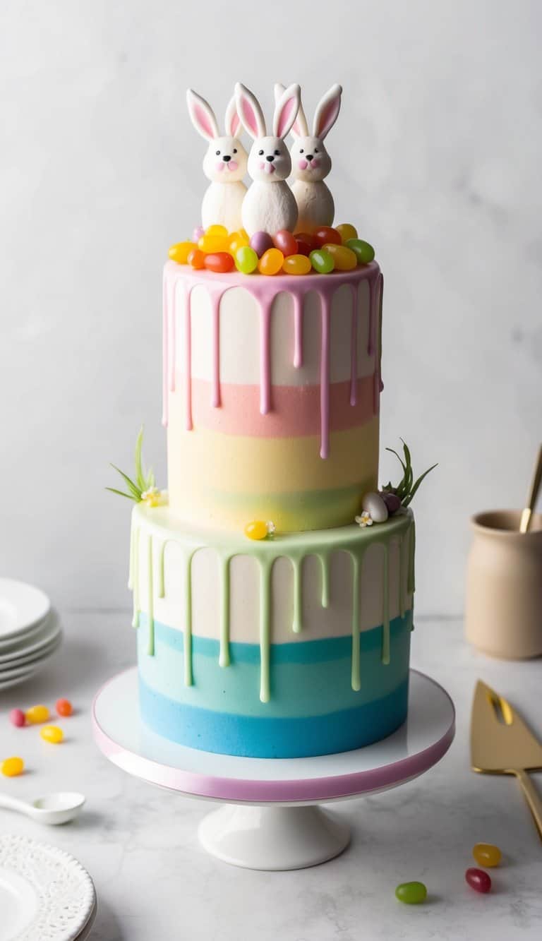 A colorful drip cake topped with jelly beans and bunny toppers