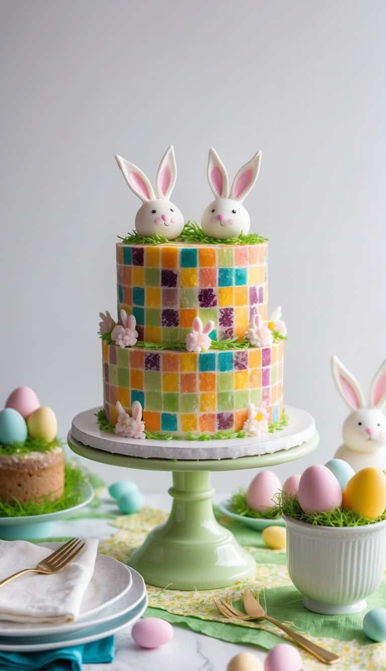 A colorful mosaic fruitcake adorned with bunny-shaped toppers sits on a festive Easter-themed table