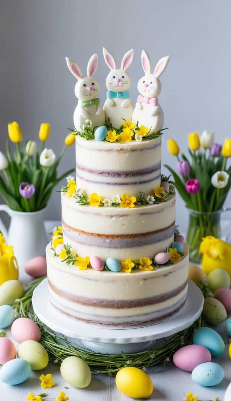 A lemon thyme olive oil cake adorned with bunny toppers sits on a festive Easter table surrounded by colorful eggs and fresh spring flowers