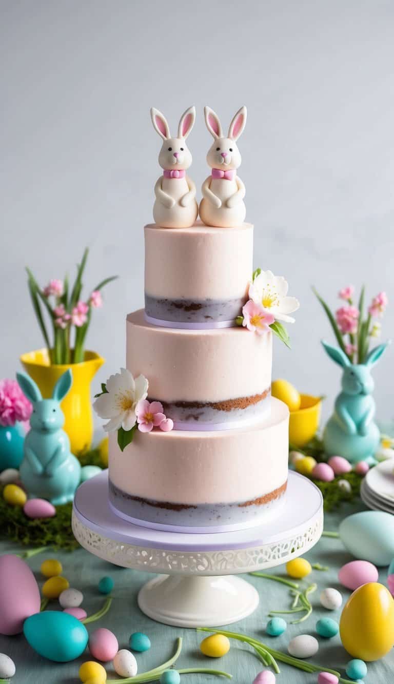 A cherry blossom almond cake adorned with bunny toppers sits on a decorated table surrounded by colorful Easter decorations