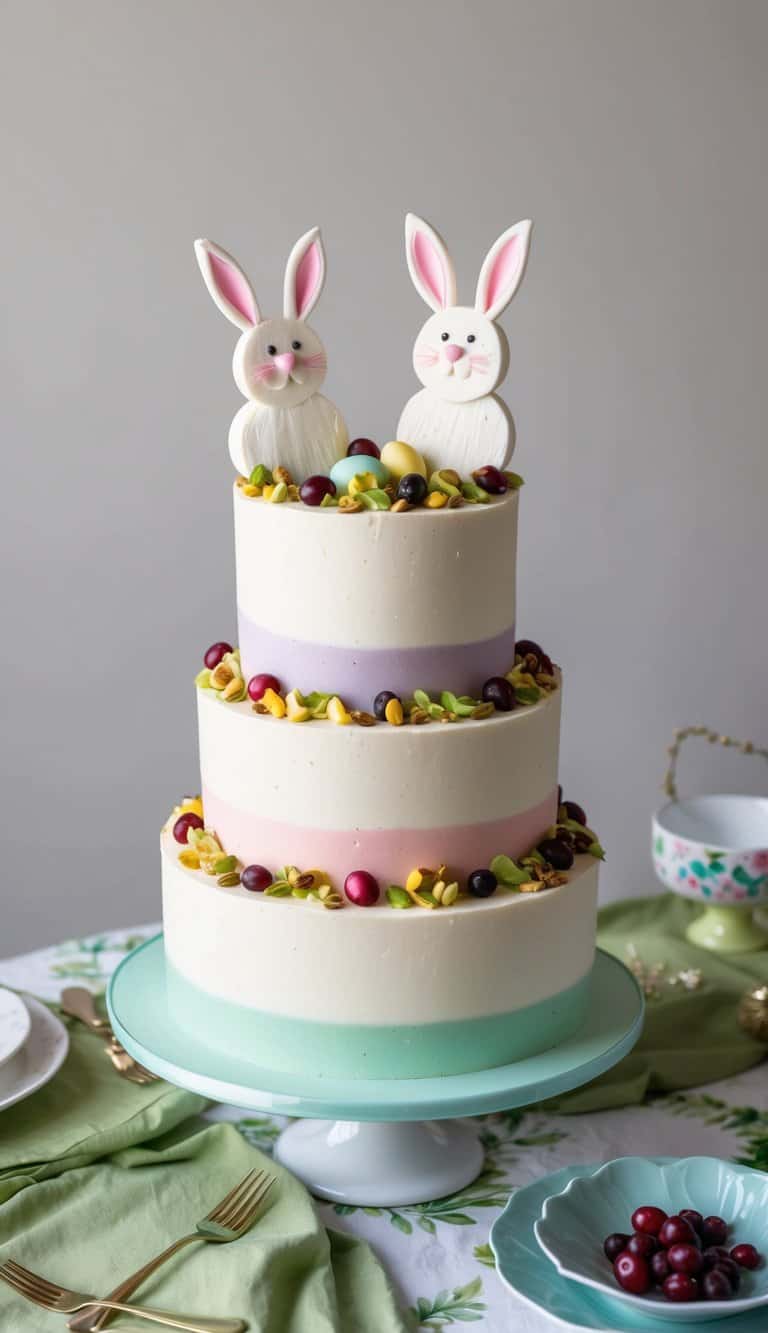A festive Easter cake adorned with bunny toppers, cranberries, and pistachios on a decorated table