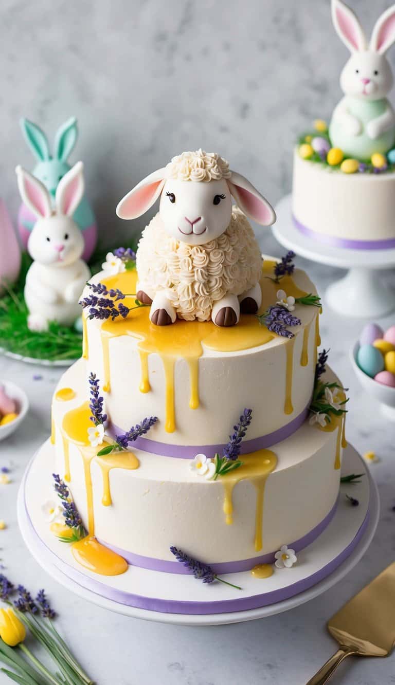 A charming lamb-shaped cake adorned with lavender flowers and honey drizzle, surrounded by colorful Easter bunny cake toppers