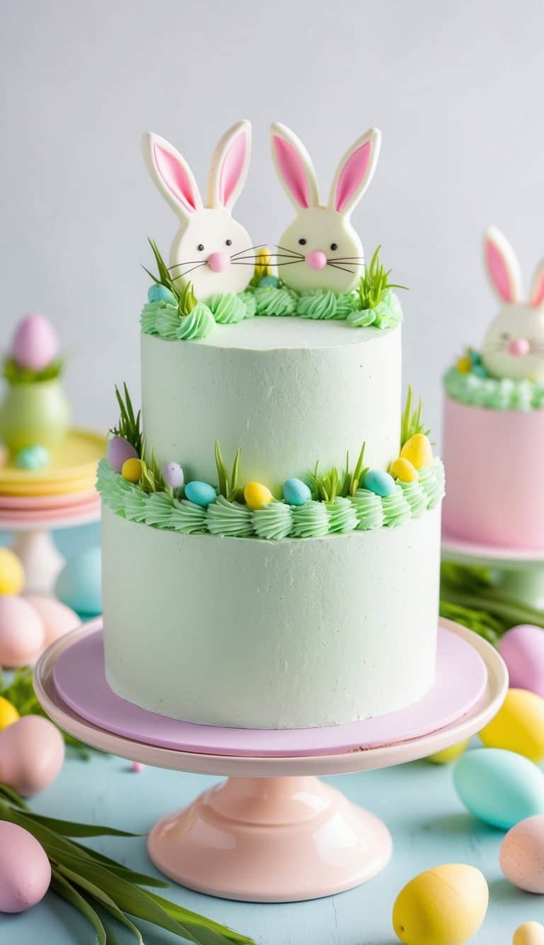 A mint chocolate layered cake adorned with bunny toppers sits on a pastel-colored cake stand, surrounded by colorful Easter decor