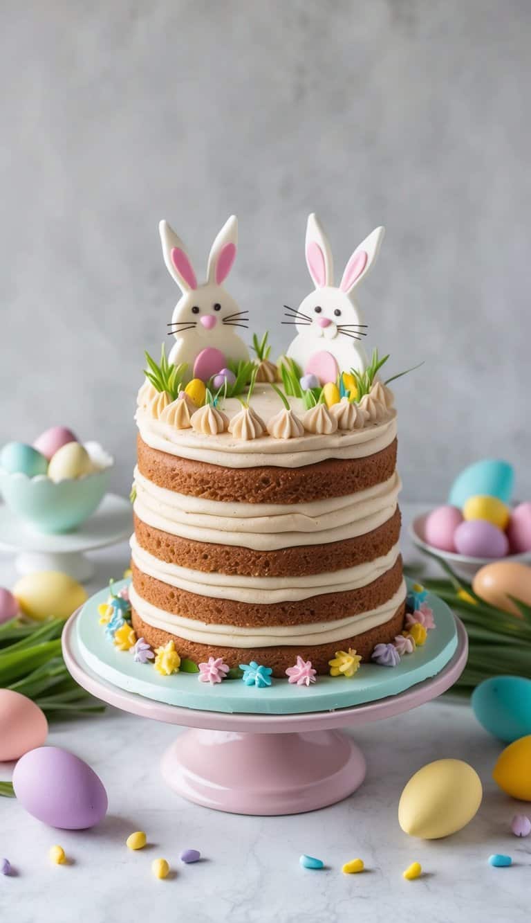 A festive Hazelnut Dacquoise Cake adorned with adorable bunny toppers sits on a pastel-colored cake stand, surrounded by colorful Easter decorations