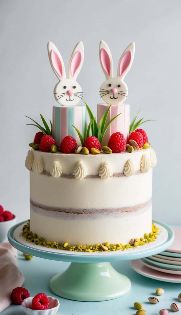 A festive Easter cake adorned with bunny toppers, raspberries, and pistachios sits on a pastel-colored cake stand