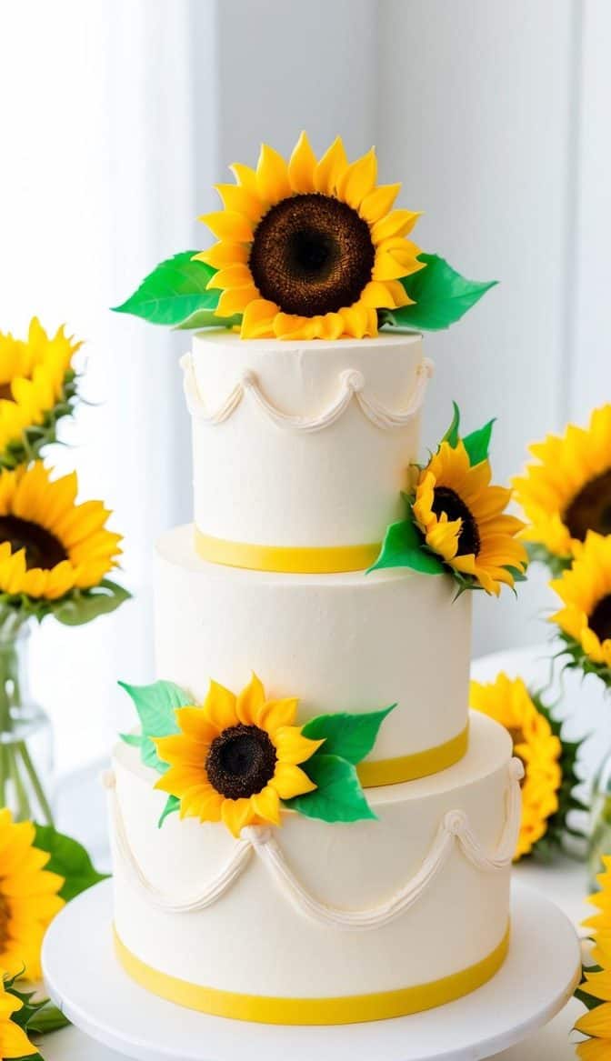 A three-tiered white cake is adorned with vibrant yellow sunflowers and green leaves. Yellow ribbon decorates each layer. Sunflowers in vases surround the cake on a white table.