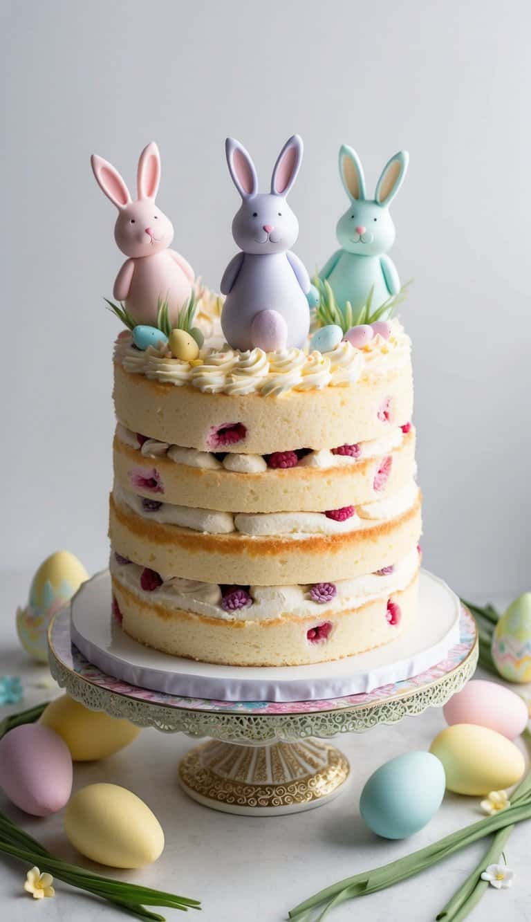 A chiffon cake with raspberry filling sits on a decorative cake stand, adorned with pastel-colored bunny toppers and surrounded by Easter-themed decorations