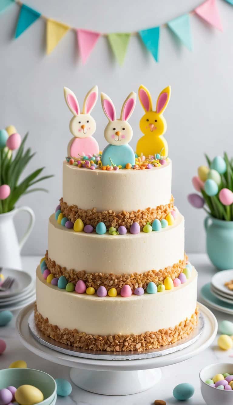 A festive Easter cake sits on a table, adorned with colorful bunny toppers and pastel decorations. The Toffee Nut Crunch Cake 75 is the centerpiece of the joyful scene