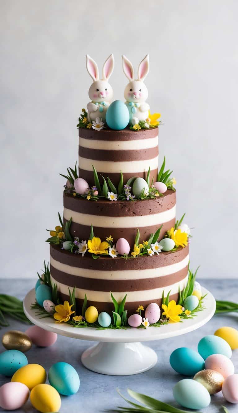 A chocolate egg layered cake with bunny toppers surrounded by colorful Easter eggs and spring flowers