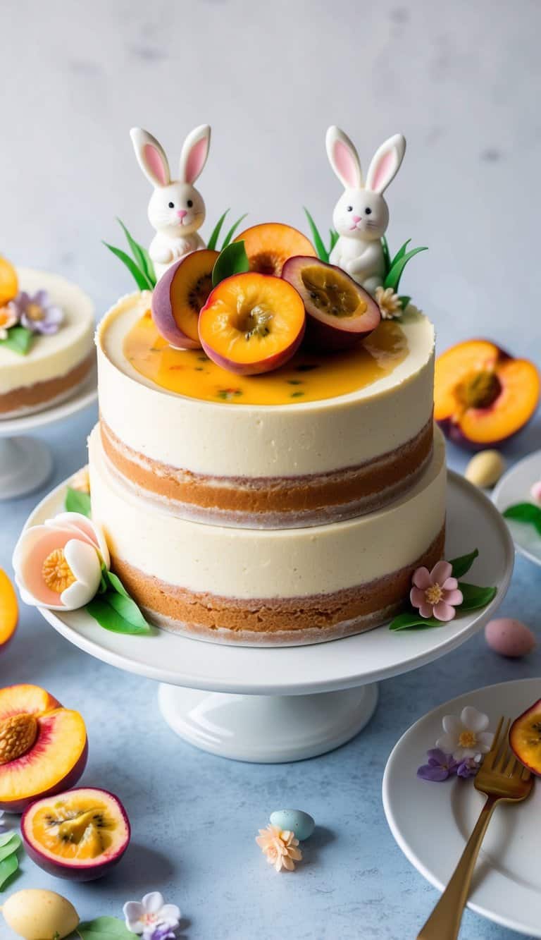 A colorful flan topped with fresh peaches and passionfruit, surrounded by Easter-themed cake decorations including bunny toppers and sugar paste flowers
