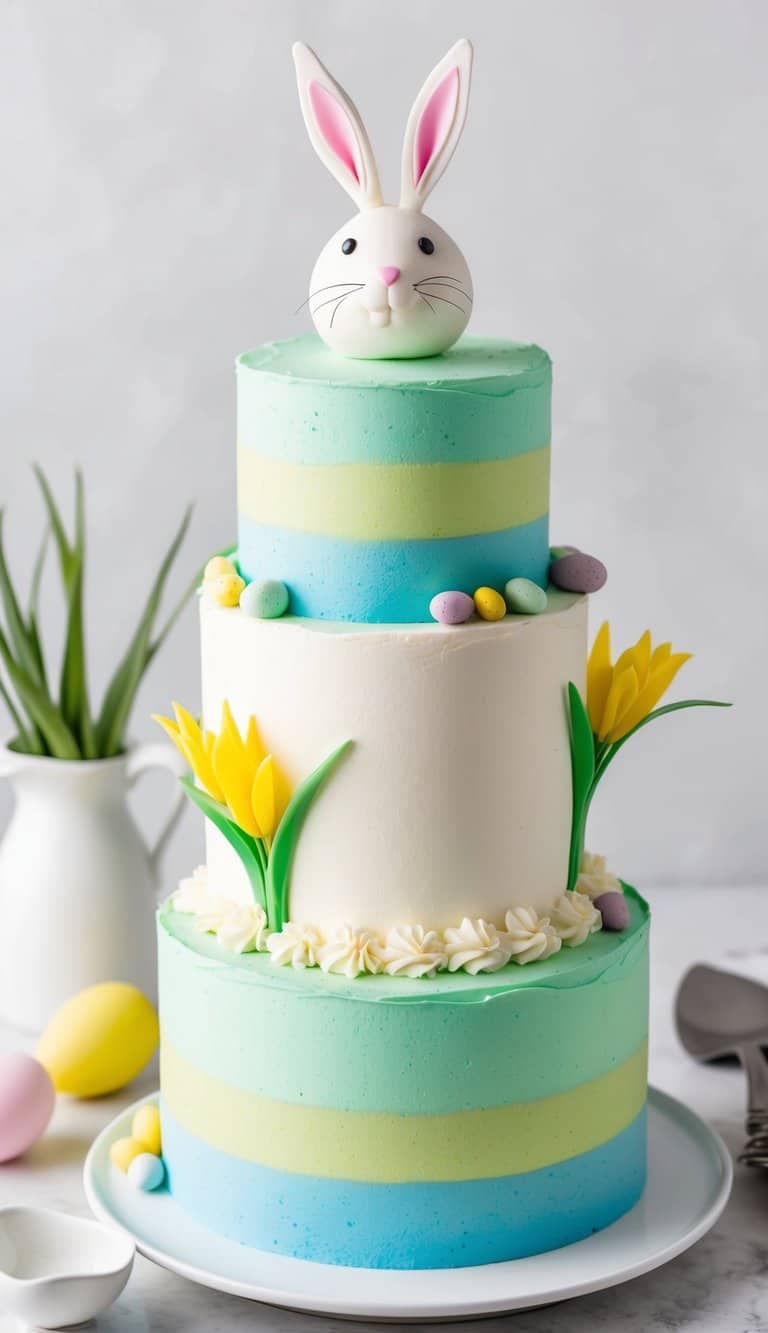 A colorful Hummingbird Cake with Cream Cheese Frosting topped with festive Easter bunny decorations