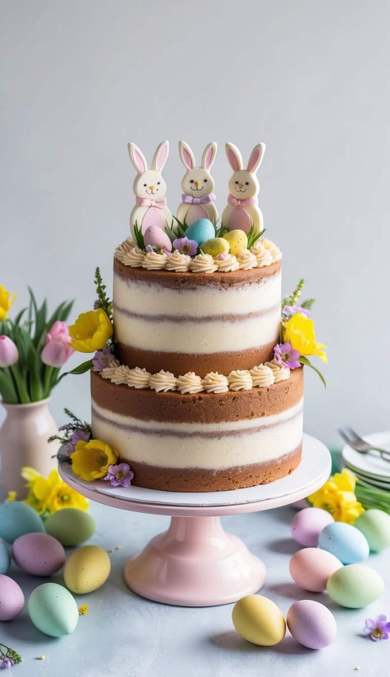 A hazelnut praline cake adorned with bunny-shaped toppers sits on a pastel-colored cake stand, surrounded by colorful Easter eggs and fresh flowers