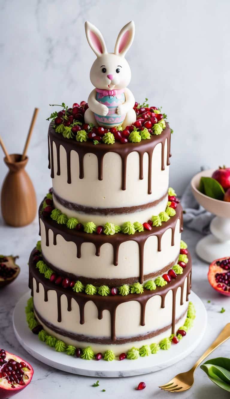 A festive Easter cake topped with a charming bunny figurine surrounded by vibrant pomegranate seeds and drizzled with rich chocolate