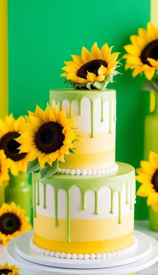 Two-tiered cake with green and yellow layers, decorated with dripping icing and sunflowers. Cupcakes with sunflower toppings surround the cake, placed on a white stand against a vibrant background of green and yellow, with sunflowers in green vases.