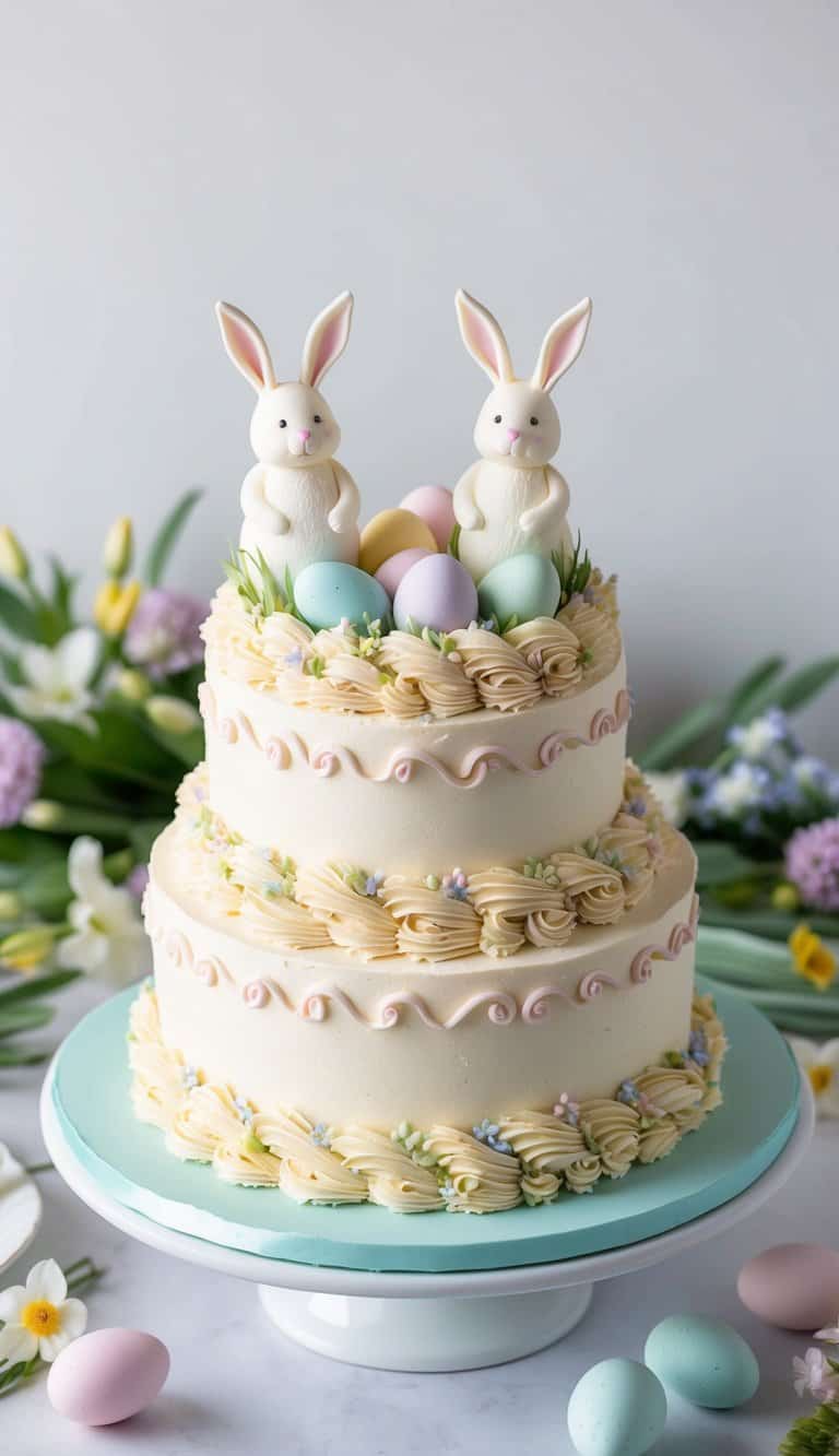 A vanilla bean nest cake adorned with bunny toppers and pastel-colored eggs, set against a backdrop of spring flowers and greenery