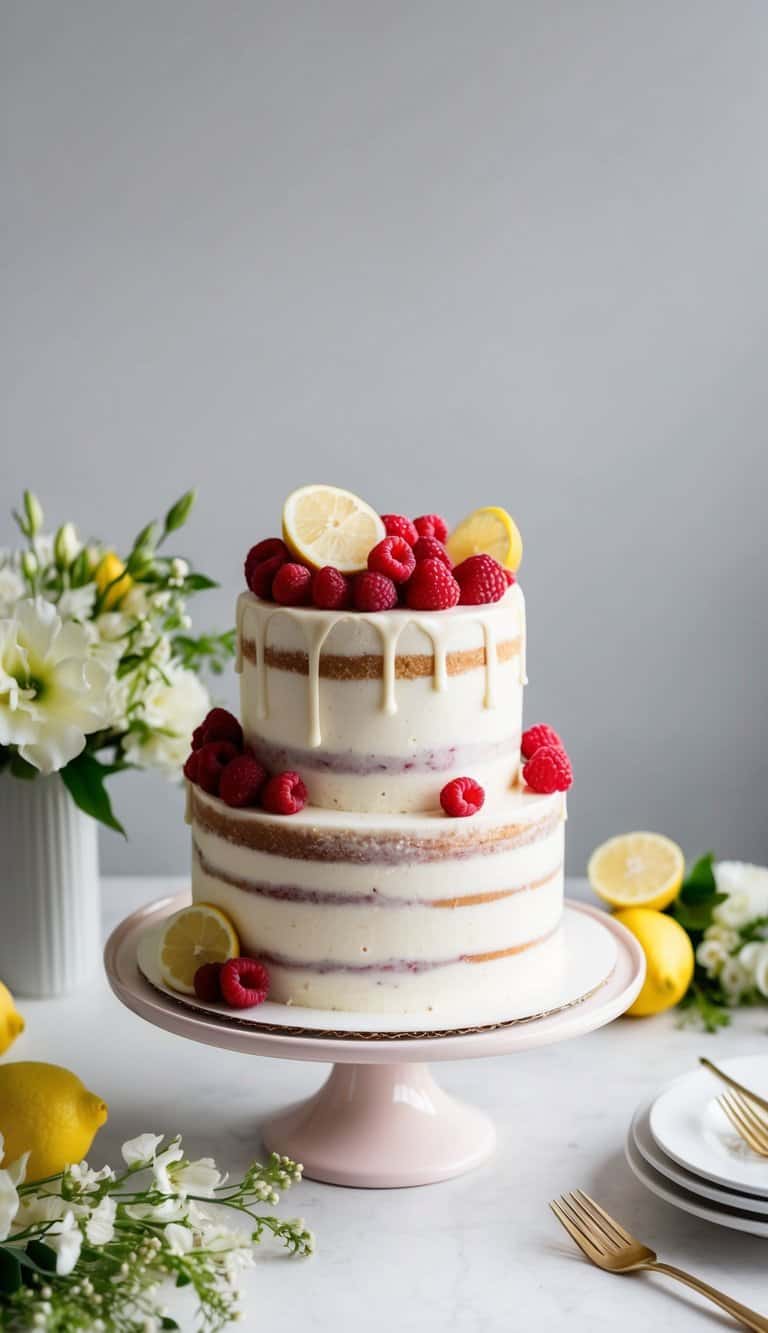 A lavender Earl Grey cake adorned with delicate flowers and elegant decorations sits on a pristine white cake stand, surrounded by soft lighting and a backdrop of pastel colors