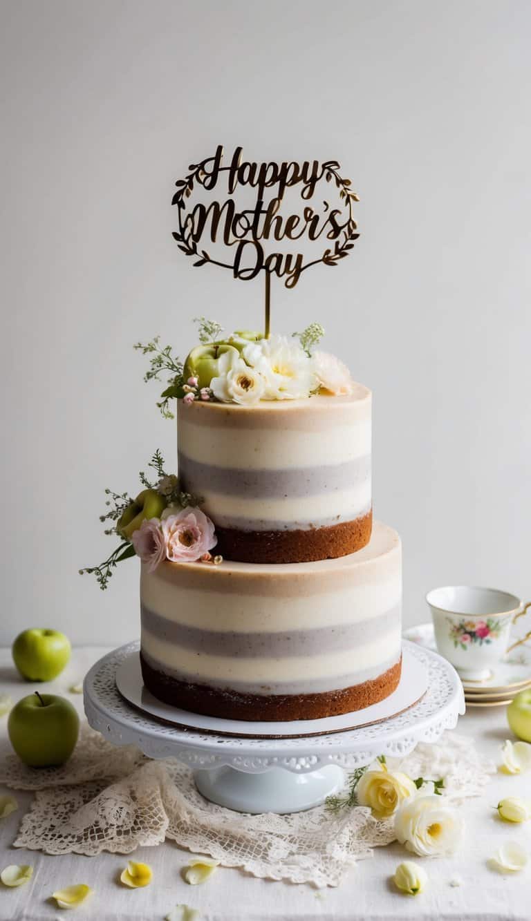 A spiced apple cake adorned with delicate flowers and a "Happy Mother's Day" cake topper sits on a lace tablecloth, surrounded by scattered petals and a vintage teacup