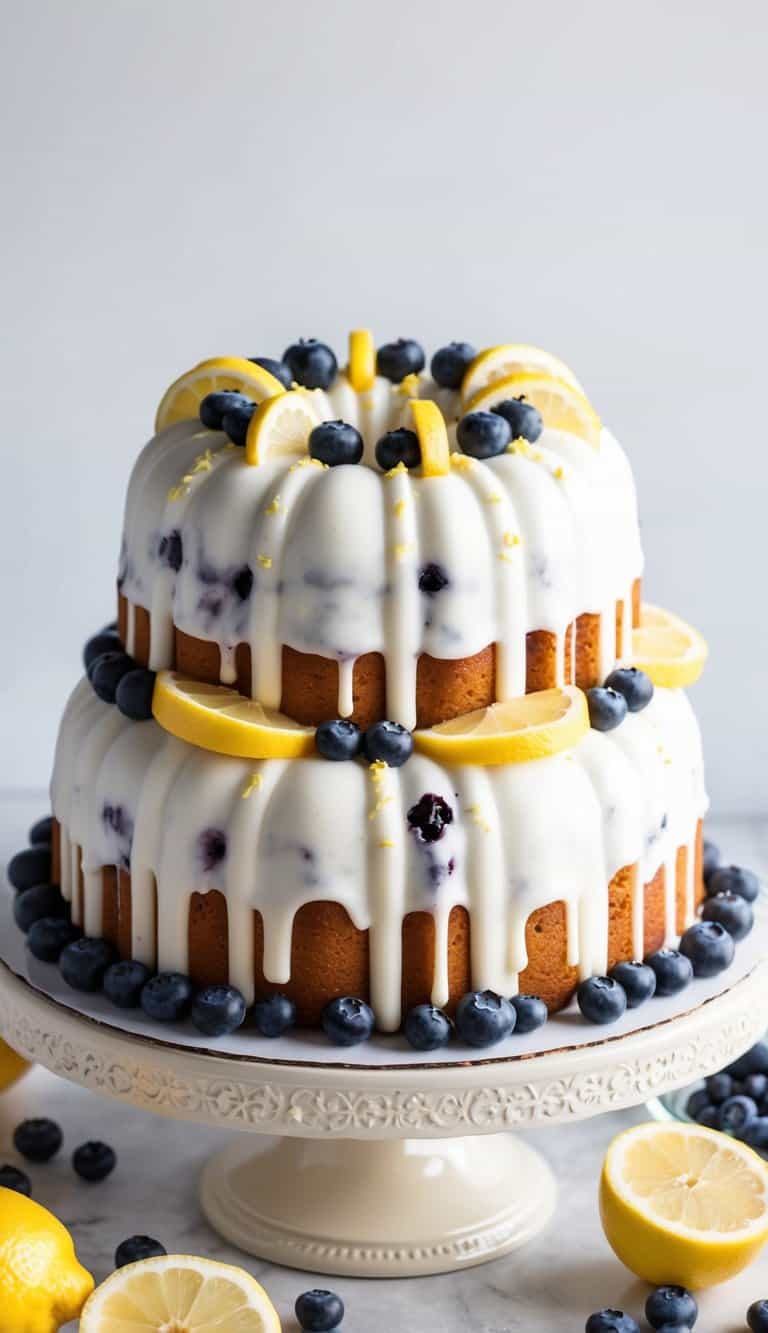 A lemon blueberry bundt cake surrounded by fresh blueberries and lemon slices on a decorative cake stand