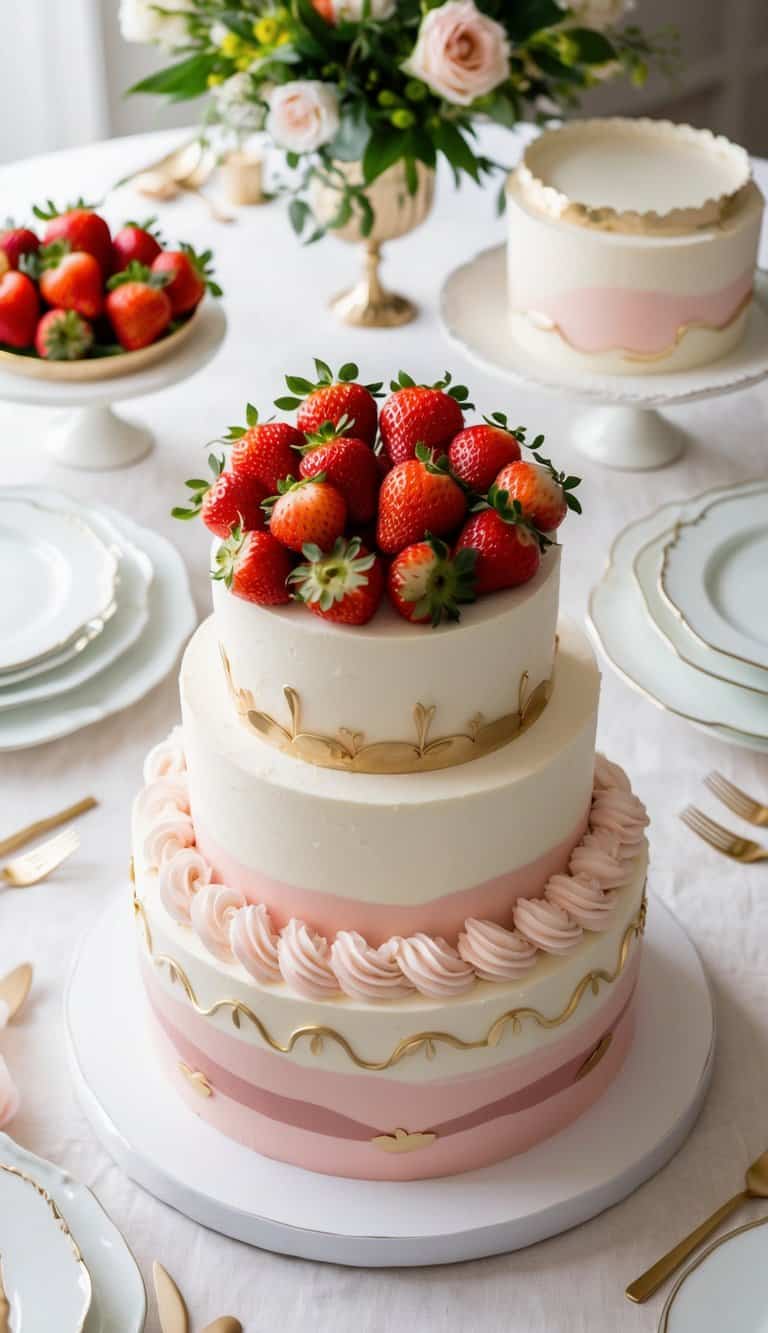 A beautifully decorated cake with strawberries and flowers on top, surrounded by elegant tableware and a festive atmosphere