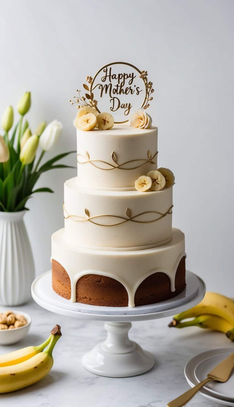 A beautifully decorated Mother's Day cake with banana walnut bread and elegant garnishes