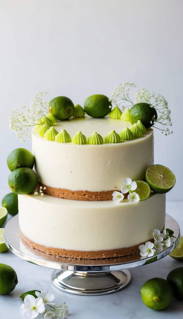 A beautifully decorated key lime cheesecake surrounded by vibrant green key limes and delicate white flowers, set on a polished silver cake stand