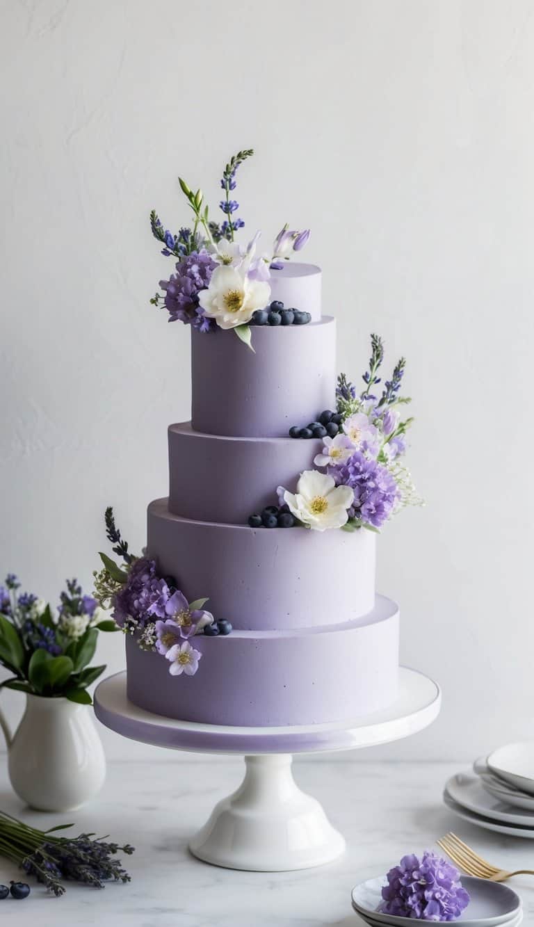 A blueberry lavender cake adorned with delicate flowers and elegant decorations for Mother's Day