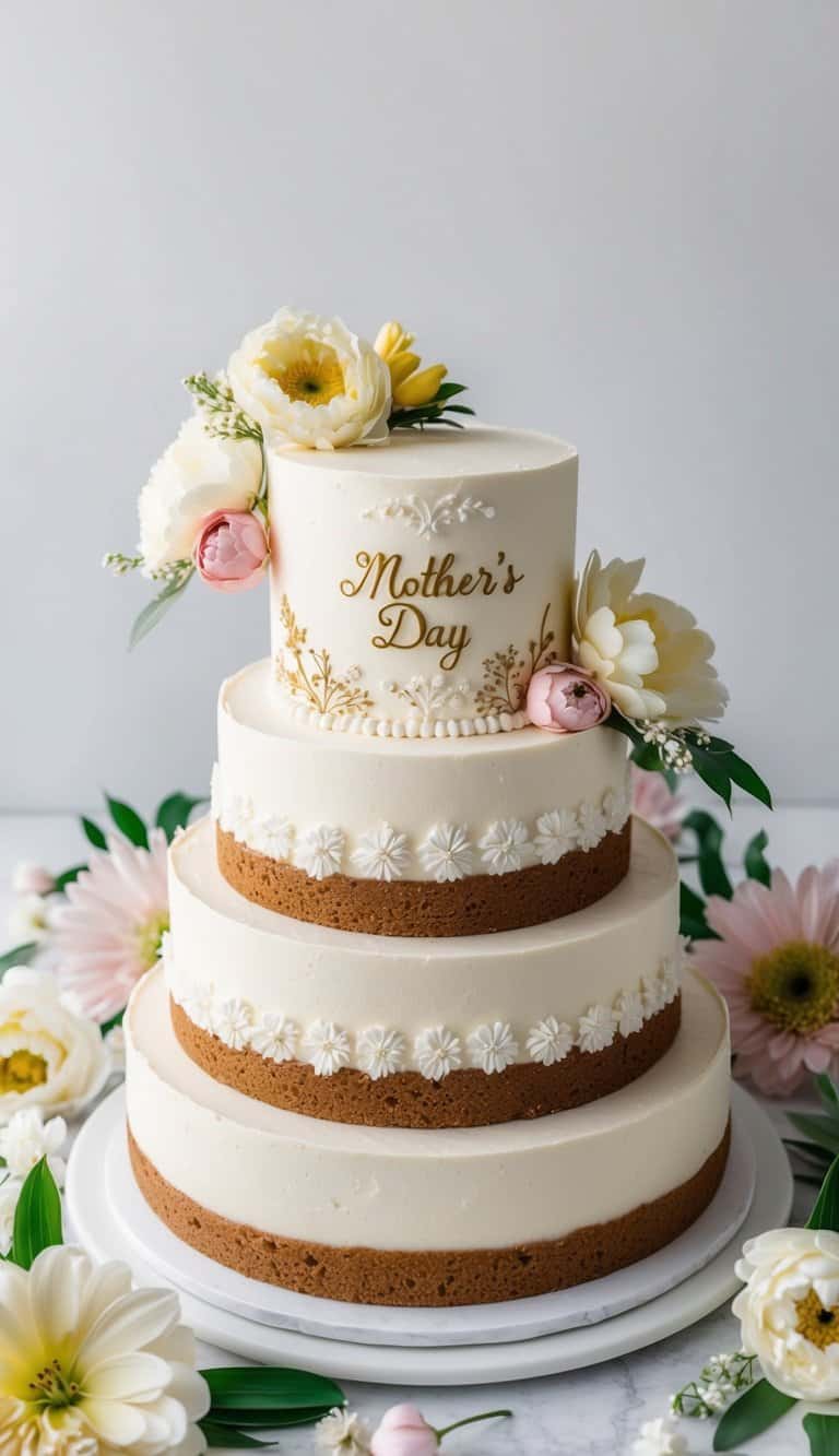A beautifully decorated Banoffee Cake surrounded by elegant Mother's Day-themed decorations and flowers