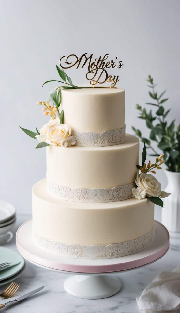 A classic vanilla birthday cake adorned with elegant Mother's Day decorations