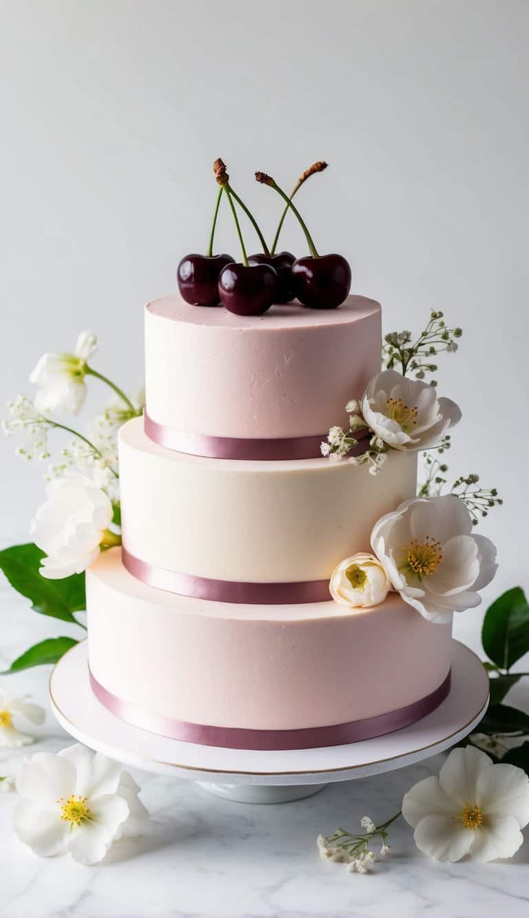 A beautifully decorated cherry almond cake surrounded by delicate flowers and elegant decorative elements