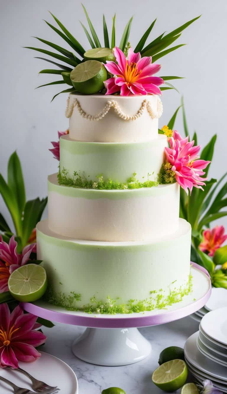A coconut lime cake surrounded by vibrant flowers and elegant decorations
