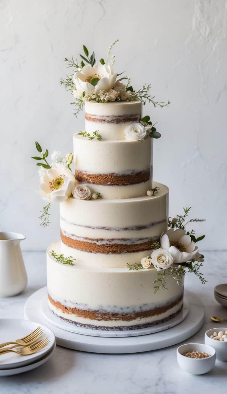 A beautifully layered tiramisu cake adorned with delicate floral decorations